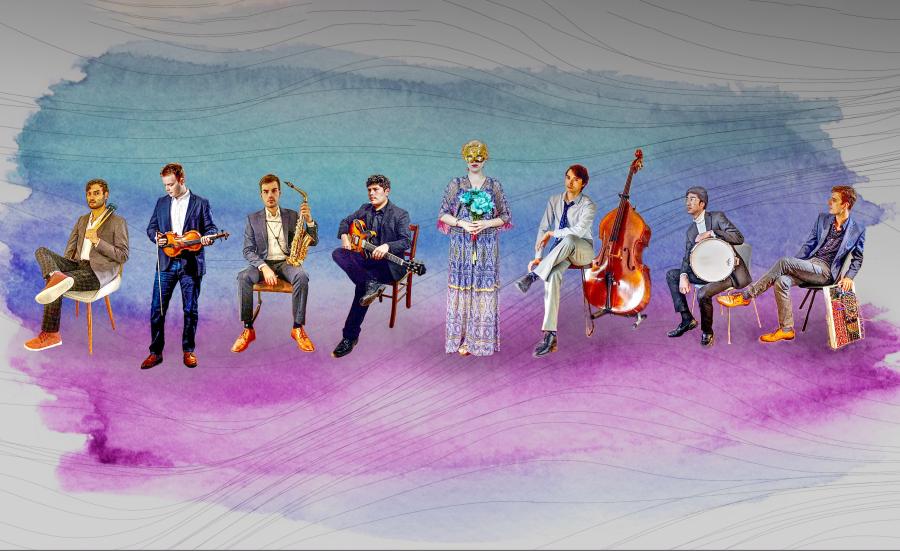 Nine animated musicians hold their instruments. They stand or sit in front of a purple and teal background.