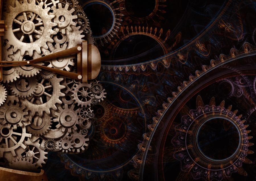 profile of a mechanical doll in front of a steampunk background of cogs and sprockets
