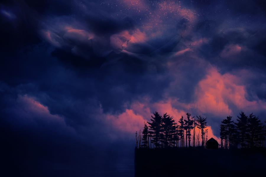 a cottage sits on the edge of a wooded cliff, beneath a stormy sky. A ghostlike figure descends from the storm toward the cottage.