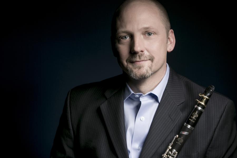 Clarinetist Jonathan Gunn looks into the camera