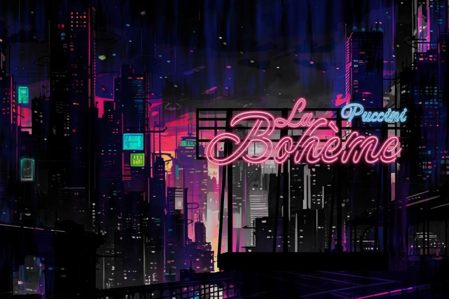 A neon cityscape with La Boheme written in cursive.