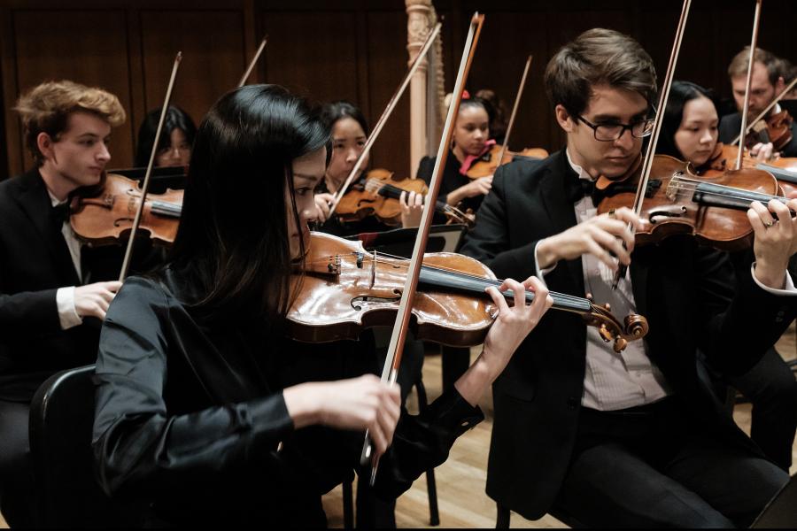 Violinists playing in the UT Symphony Orchestra.