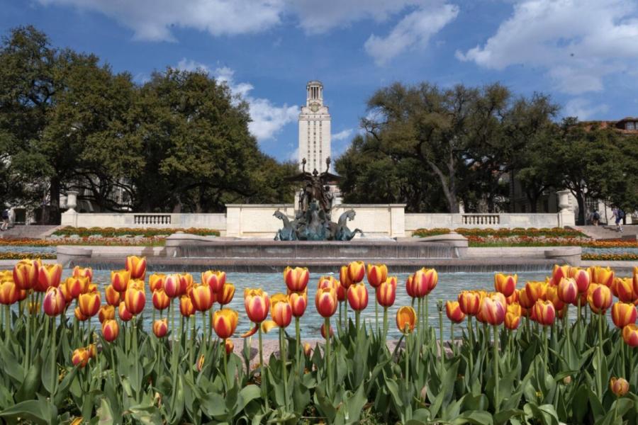 A portrait of the tower and little field fountain 