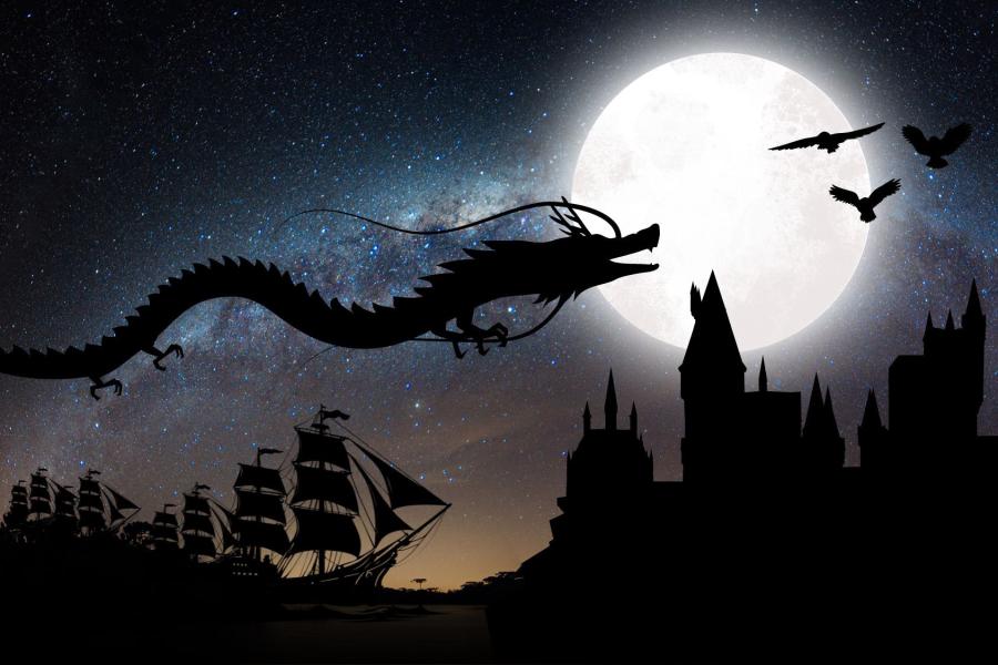 A Pokémon dragon flies across a starry sky over the Black Pearl ship and Hogwarts.