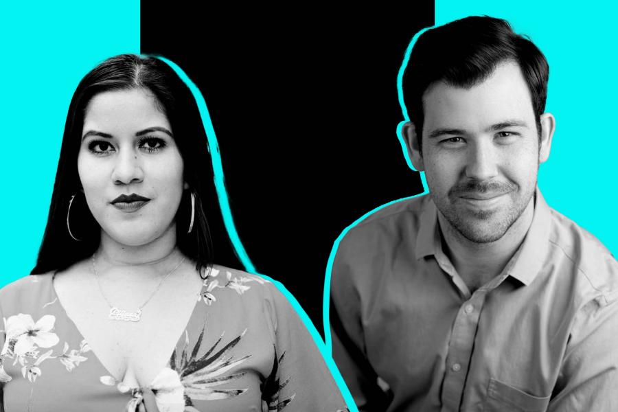 Black and white side by side portraits of soprano Liliana Guerrero and pianist James Maverick in front of a black and neon aqua background.