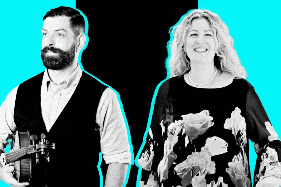 Black and white portraits of John Largess holding his viola and pianist Tamar Sanikidze in front of a black and neon aqua background.