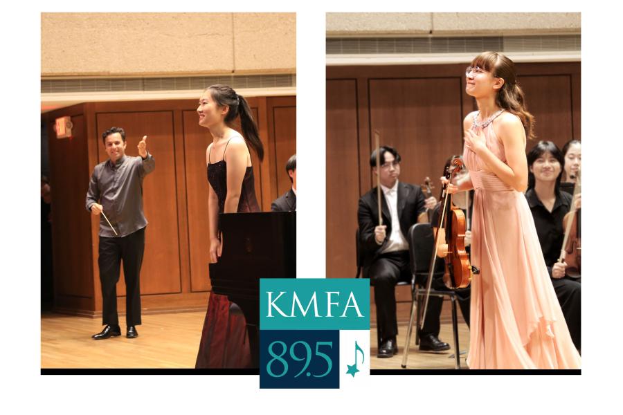 Picture of pianist Claire Chiang and Violinist Ellie Sievers standing on stage with a KMFA logo