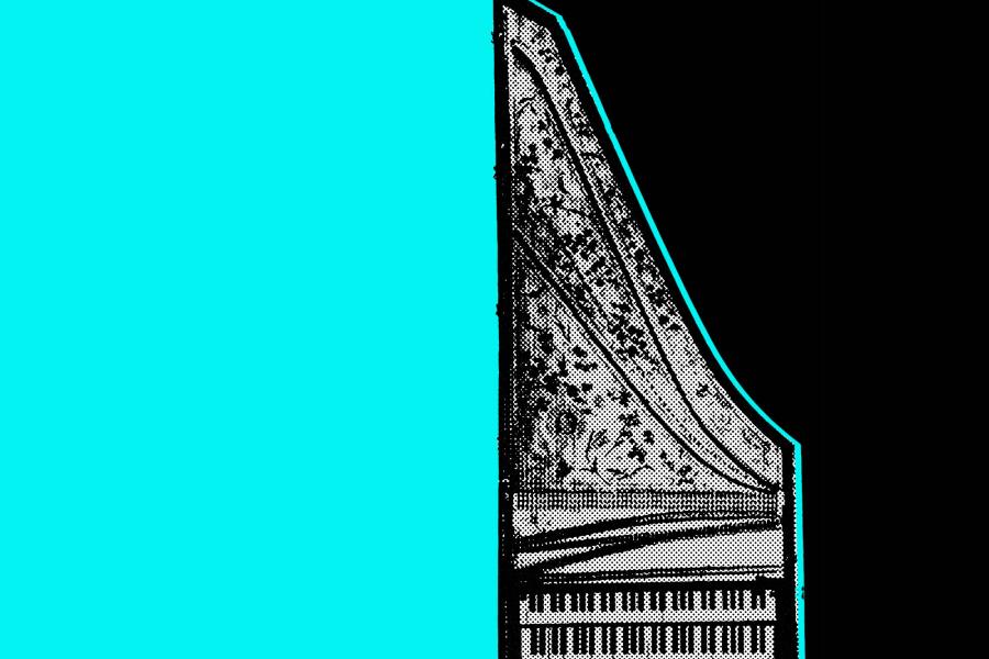 A graphic representation of a harpsichord, taken from above, showing the two keyboards and the instrument's strings.
