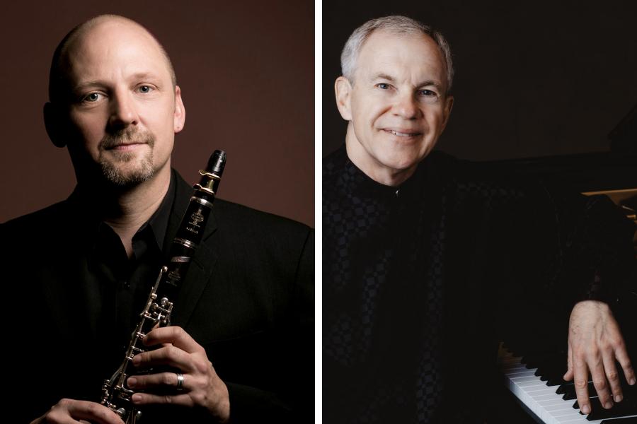 On the left, a man wearing black holds a clarinet. On the right, a gray-haired man wearing black sits at a piano.