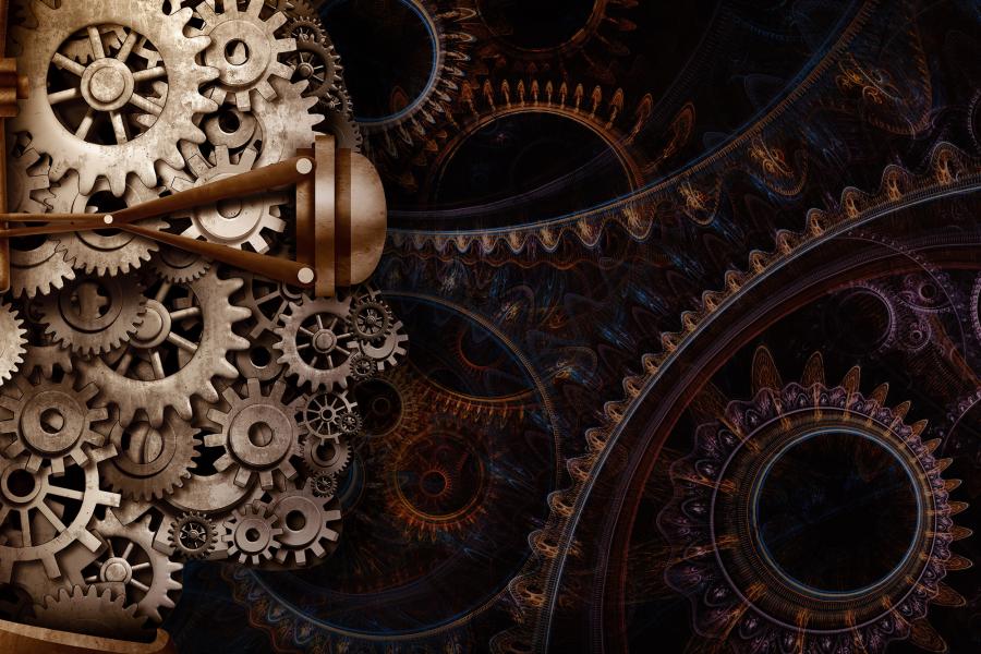 profile of a mechanical doll in front of a steampunk background of cogs and sprockets
