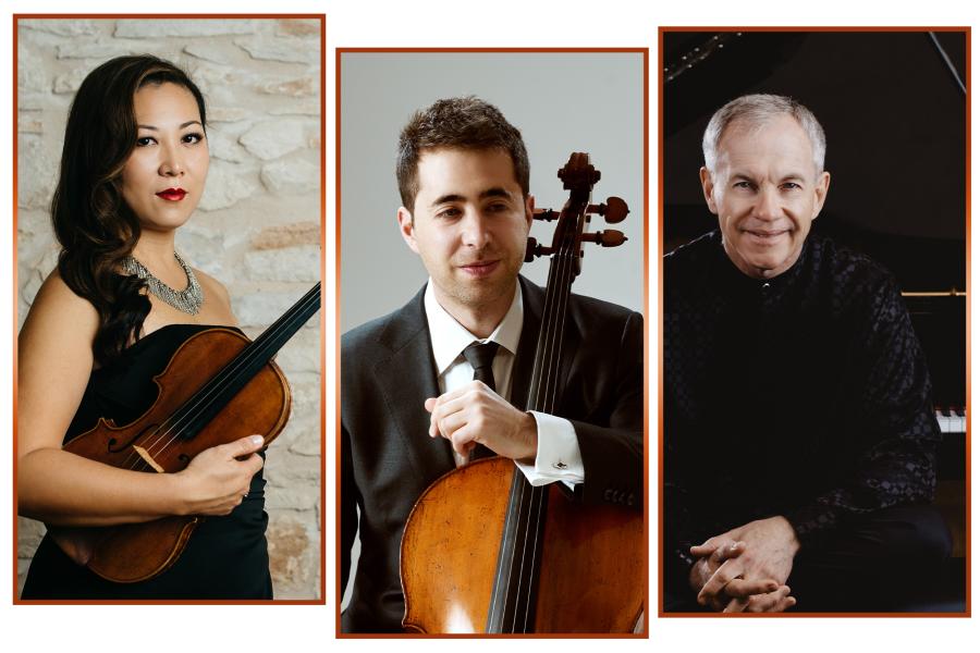 Side by side portraits of violinist Sandy Yamamoto, cellist Matthew Zalkind, and pianist Anton Nel.