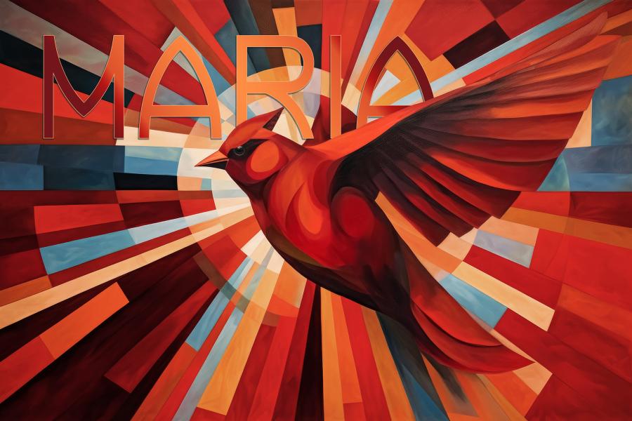 A red dove in front of a colorful fractal background.