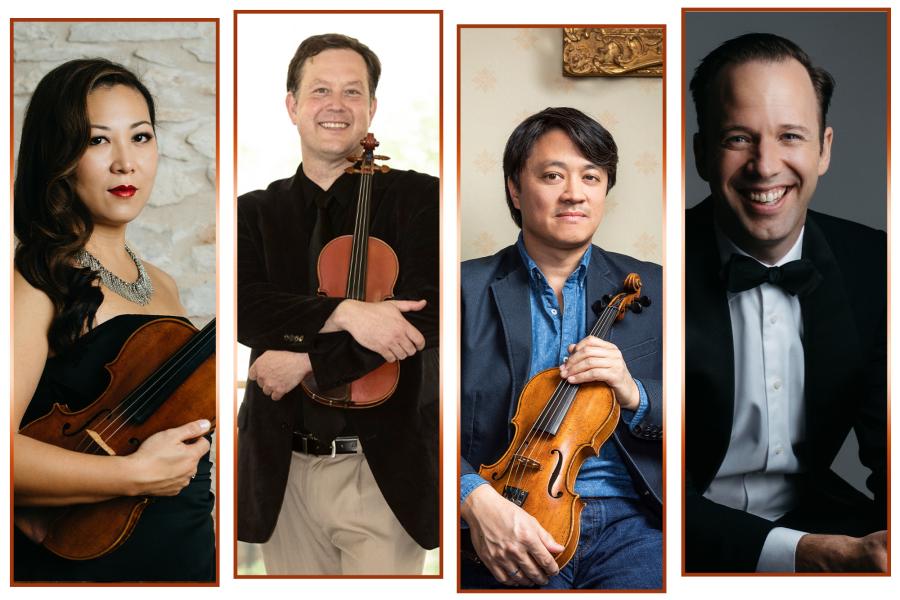 Side by side gallery of violinists Sandy Yamamoto, Brian Lewis, Daniel Ching, and William Fedkenheuer.