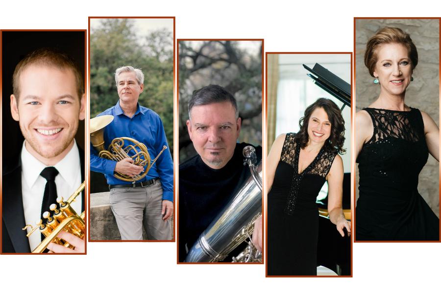 A collage of headshots of the Brass faculty with their instruments. 