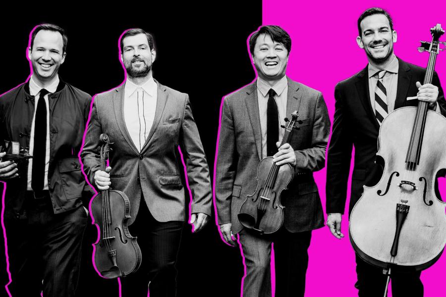 Black and white photo of members of the Miró Quartet holding their instruments in front of a black and neon pink background.
