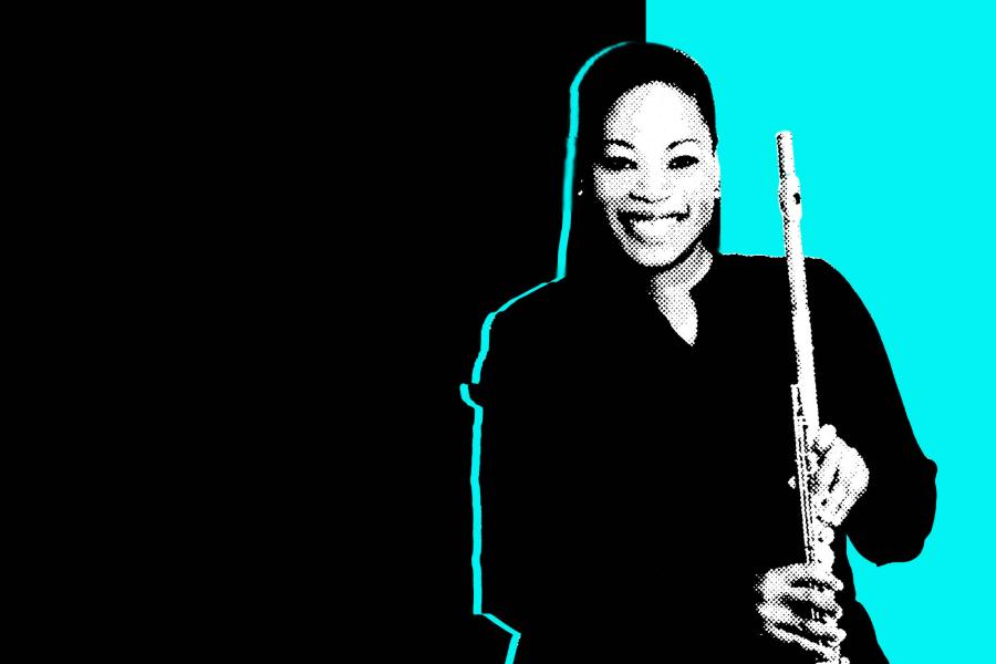 Black and white photo of Ebonee Thomas holding her flute in front of a black and aqua background.