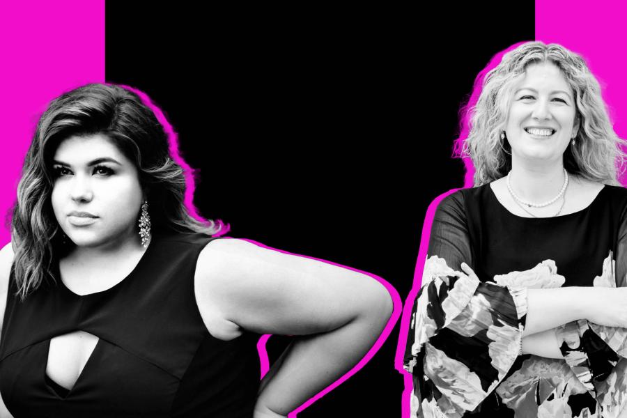Black and white portraits of soprano Leah Crocetto and pianist Tamar Sanikidze in front of a magenta and black background.