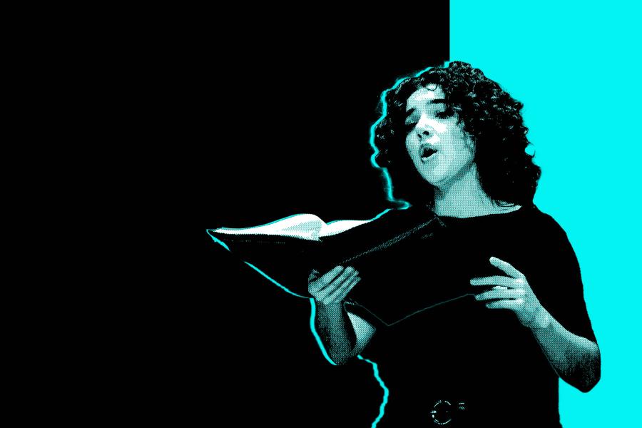 A black and white photo of a girl singing while holding music in front of an aqua and black background.
