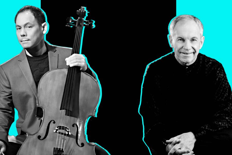 Black and white portraits of cellist Bion Tsang, holding his cello, and pianist Anton Nel in front of a black and neon aqua background.