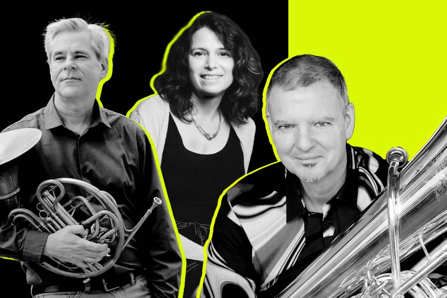 Black and white portraits of Patrick Hughes holding his horn, pianist Patti Wolf, and Charles Villarrubia holding his tuba in front of a black and neon lime background.