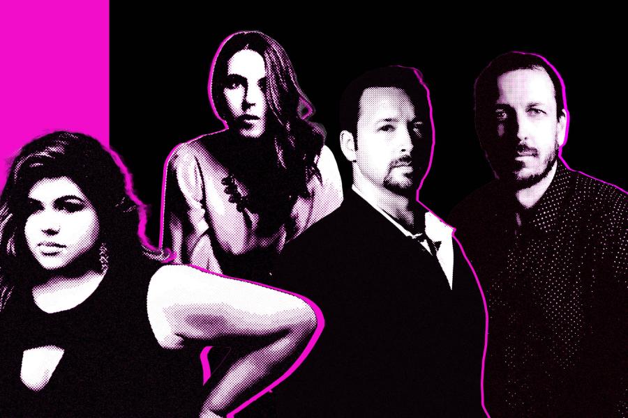Black and white portraits of singers Leah Crocetto, Page Stephens, Evan Brown, and Mikhail Smigelski in front of a magenta and black background.