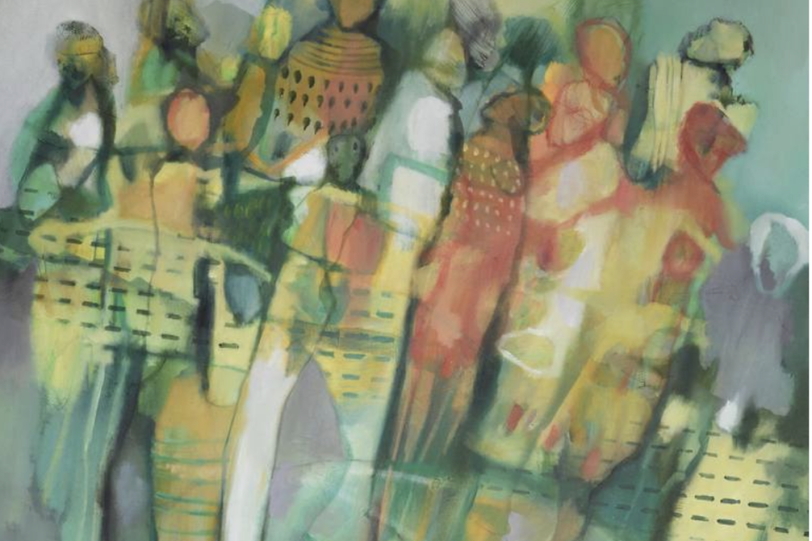 "Translation," a painting by Michel V Meulenert, depicting people and buildings merged together. 