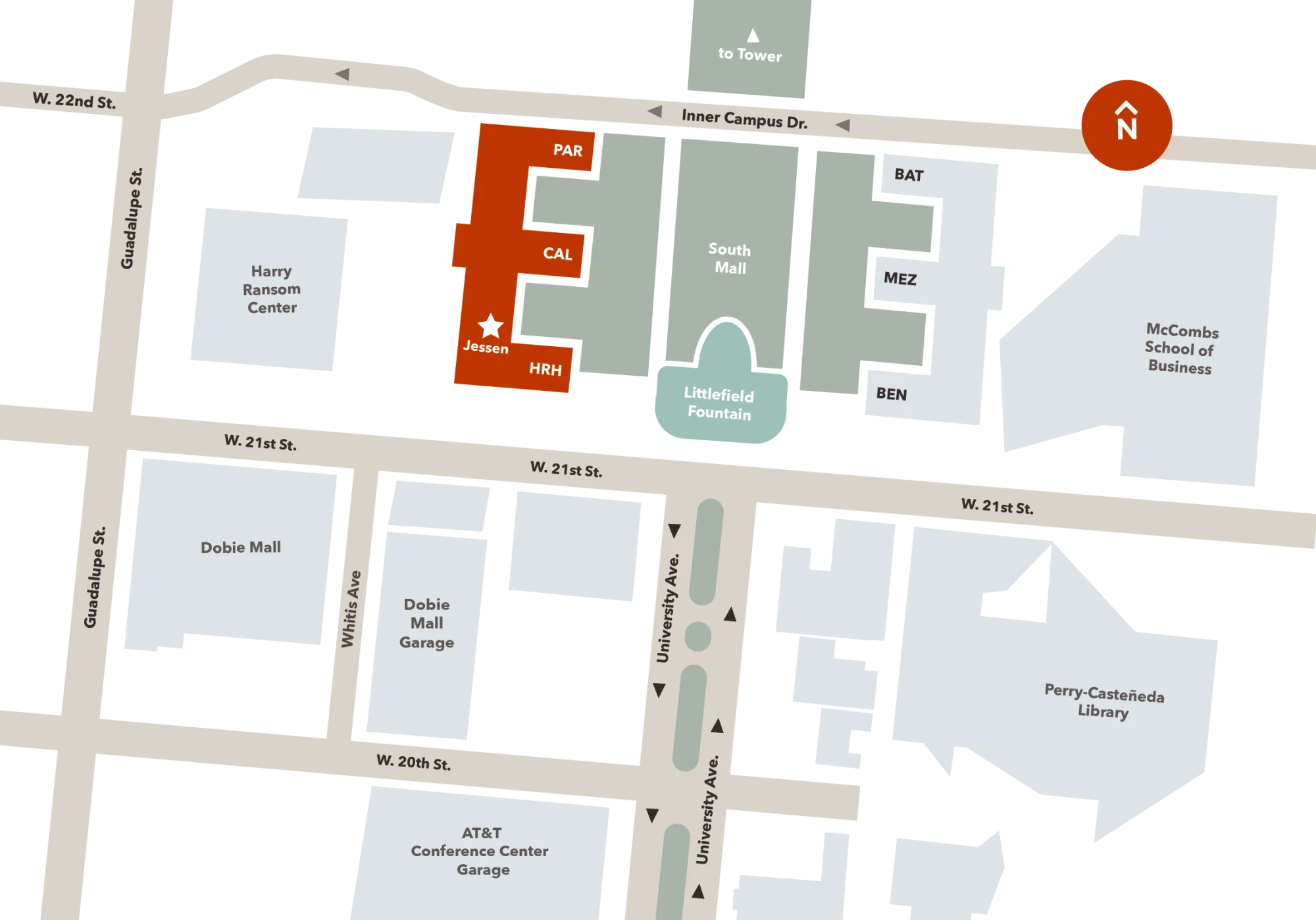 a map depicting the West side of campus around Jessen Auditorium