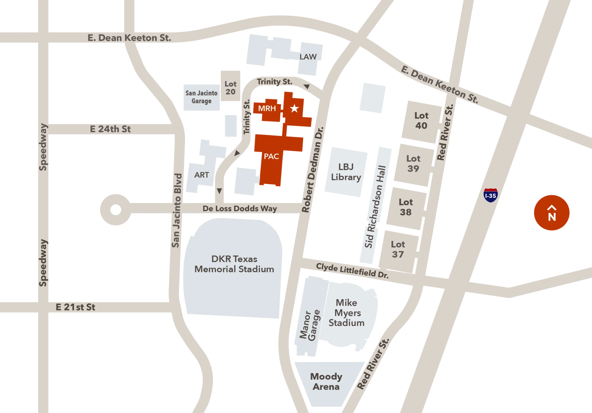 A general map of campus around the music building (MRH)