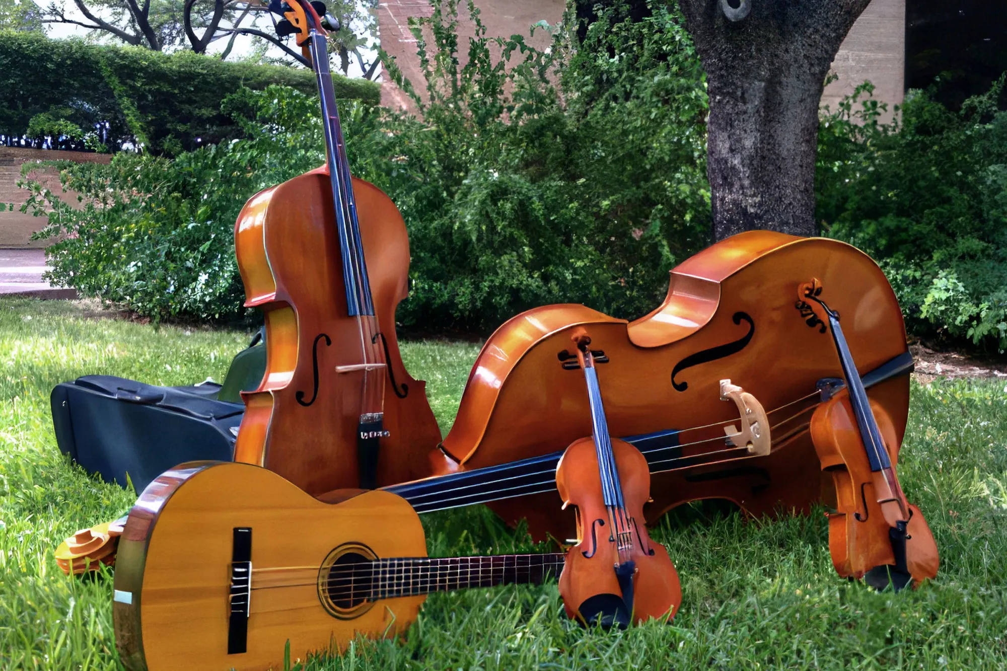 a group of different string images displayed on a grassy lawn