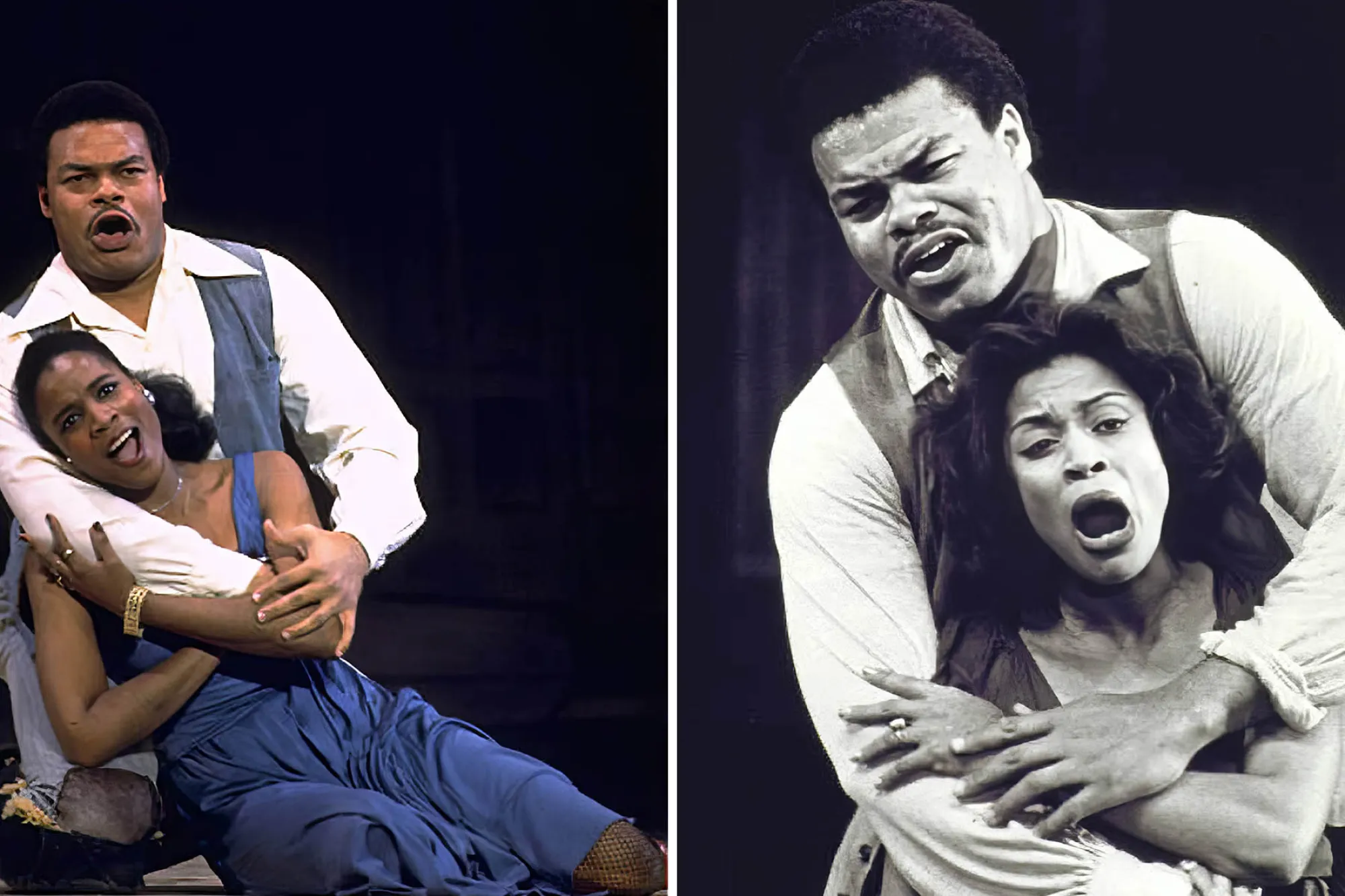 Left and right, two similar images where Donnie Ray Albert kneels on the ground, holding a woman in his arms as they sing a duet.