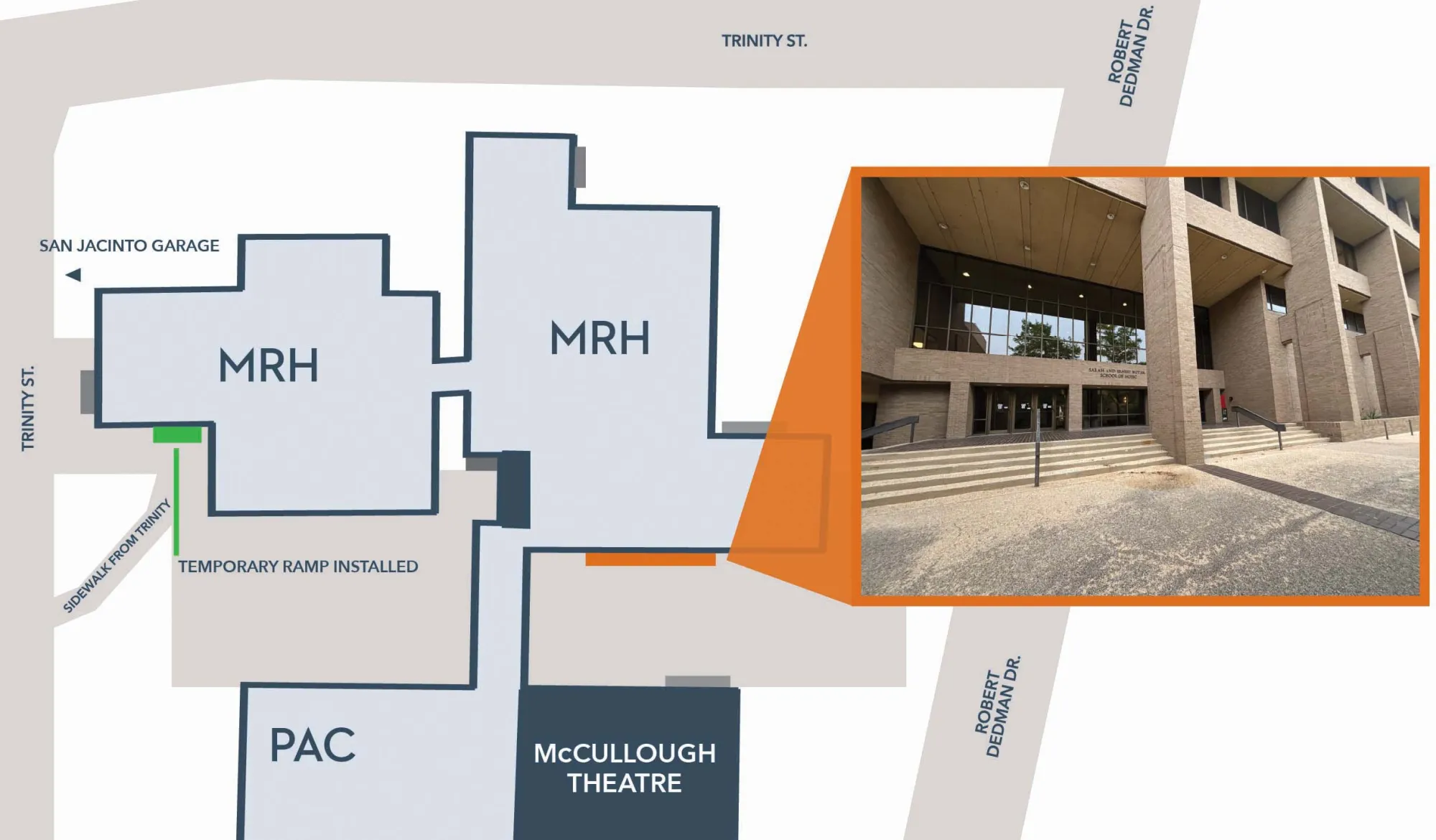 Map depicting the main entrance on the southeast side of MRH, which will be closed for construction.