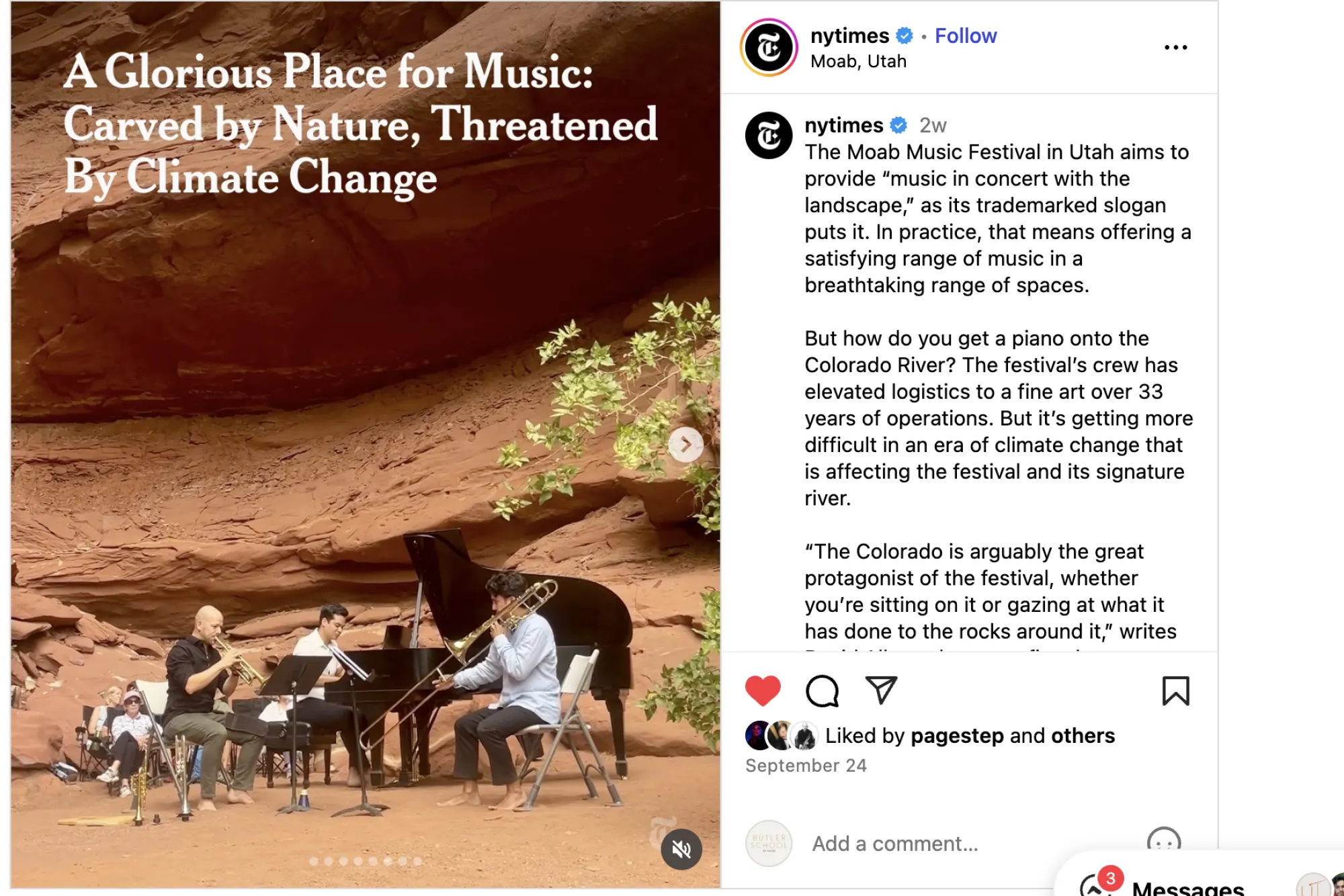 Screenshot of a Tew York Times Instagram post about a Utah music festival with a picture of a trio playing outdoors