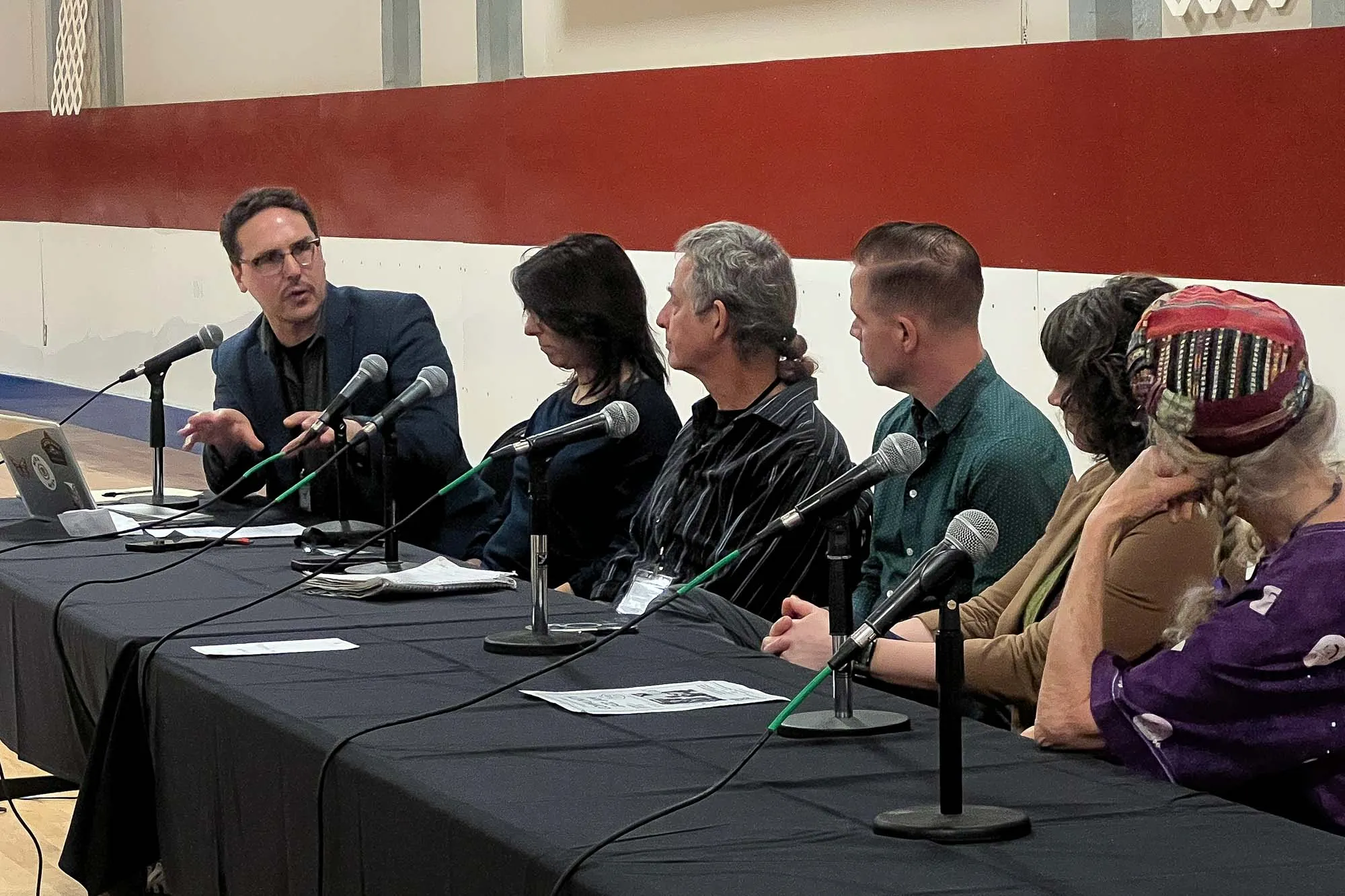 A panel of academics sit at a table and talk