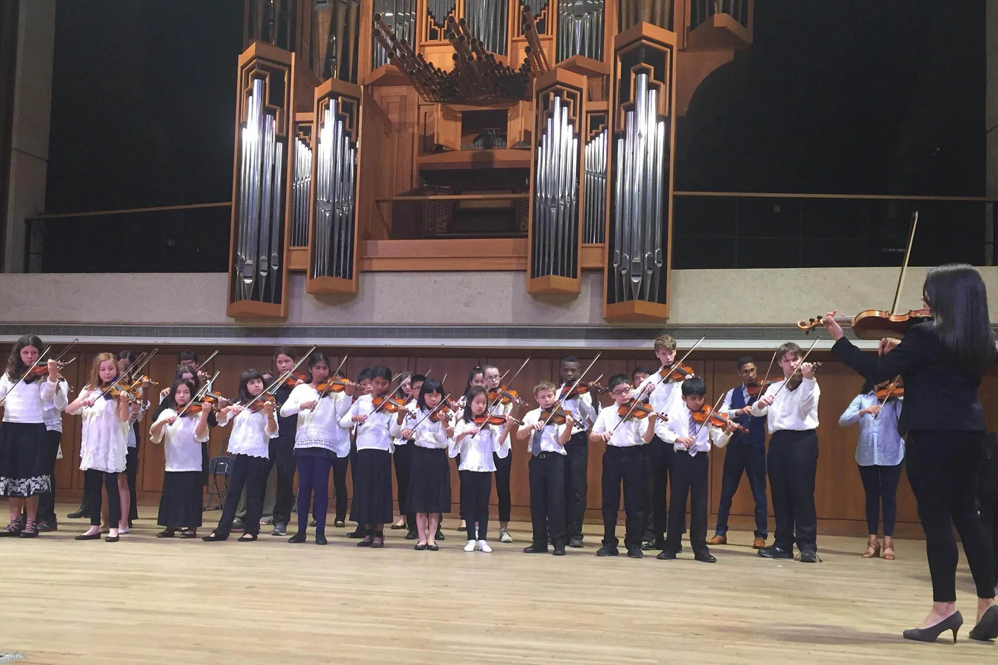 A person conducts a group of children playin violin