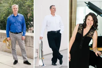 A collage of three musicians: on the left, a man wearing a blue shirt stands outside holding a golden horn; in the center, a man wearing a white short stands outside and leans on a silver tuba; on the right, a woman in a black dress smiles and leans over a piano.