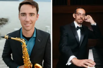 On the left, a man wearing a blue shirt and gray jacket stands outside holding a golden saxophone. On the right a man wearing a tuxedo and glasses sits at a piano playing one key with his right hand.