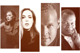 A collage of four faces side-by-side with a sepia filter.