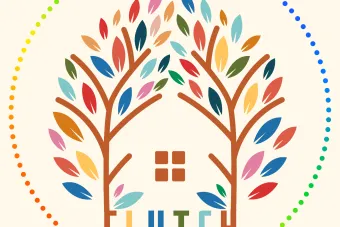 Two multi-colored trees bend toward each other in a circle. At the bottom center of the trees, the word CLUTCH appears.