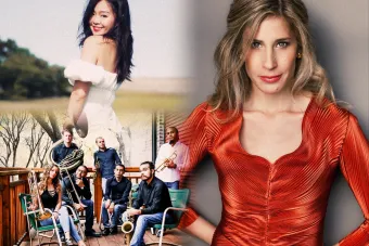 A collage with a girl in a white dress in a field looking over her left shoulder, a brass band sitting on a porch, and a woman in an orange dress with her arms behind her back.
