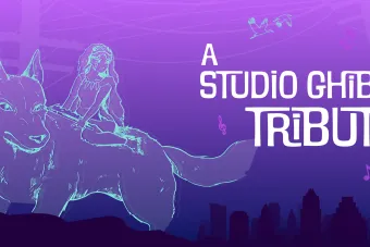 Against a purple background, there is a teal graphic of a girl riding a wolf. In the bottom right corner there are two teal alien creatures.