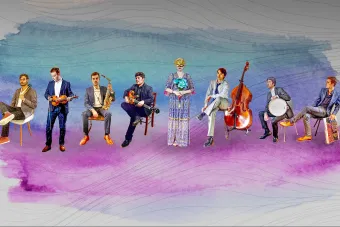 Nine animated musicians hold their instruments. They stand or sit in front of a purple and teal background.