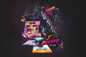 A geometric crow stands beside a neon polaroid camera with photos coming out of it, set against a black background with stars.