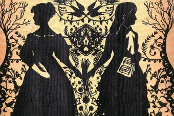 Graphic art that looks like woven fabric, including the silhouettes of two women in Victorian dress holding hands. One woman holds a quill and the other holds music. There are decorative trees and birds surrounding them.