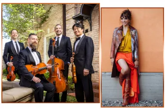 a photo of the Miró quartet holding their instruments next to a photo of Lara Downs, standing against an orange wall and smiling.