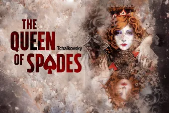An red-headed Queen of Spades emerging from clouds.