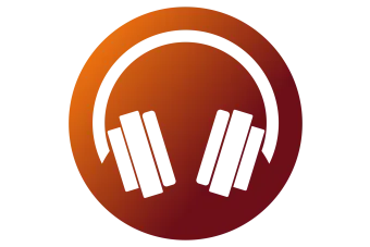A graphic icon of a pair of over-the-ear headphones