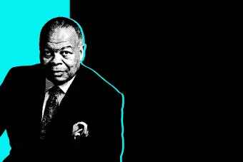 Black and white photo of baritone Donnie Ray Albert in front of a black and aqua background.