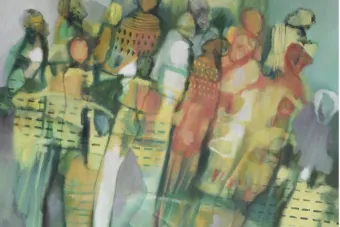 "Translation," a painting by Michel V Meulenert, depicting people and buildings merged together.