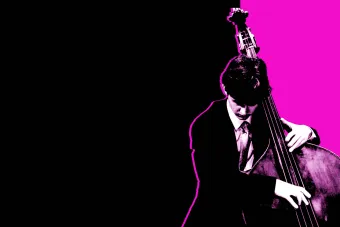 a string bass player performs 