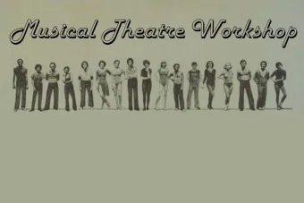 People standing under the title "Musical Theatre Workshop"